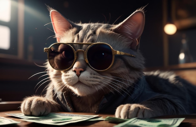 Chat hipster riche et cool avec des lunettes de soleil et de l'argent liquide comme un gangster