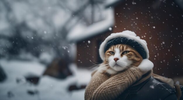 chat en hiver vêtements chauds en hiver sur Snowy Street dans le froid le concept de vêtements chauds pour l'animal de compagnie
