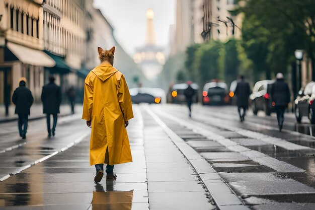 un chat en imperméable jaune marche dans une rue mouillée.