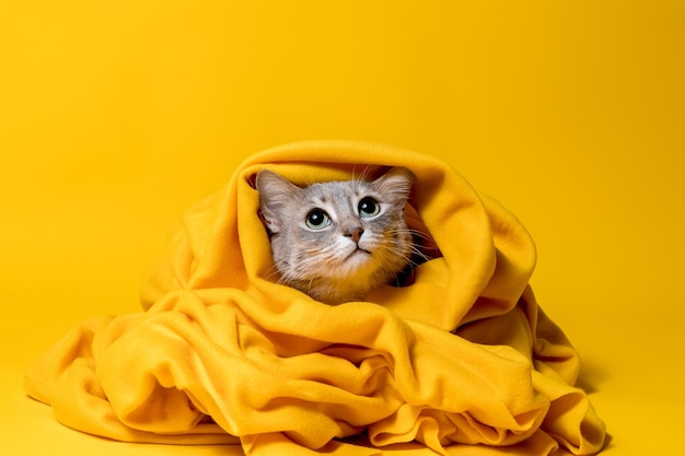 Le chat inquiet est enveloppé dans un plaid jaune chaud et lève les yeux avec espoir Isolé sur un fond clair