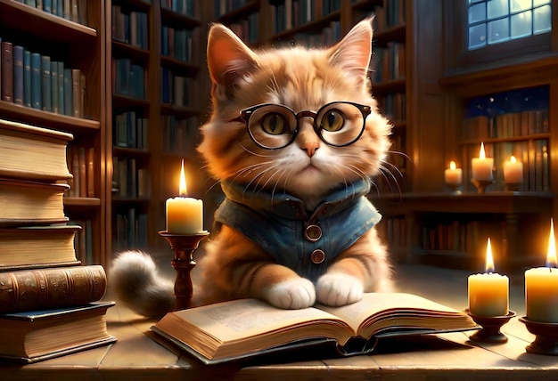 Un chat intelligent avec des lunettes lit un livre le soir dans la bibliothèque un soir calme à la lumière des bougies