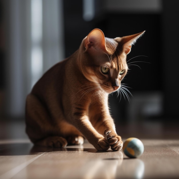 Un chat jouant avec une balle sur le sol