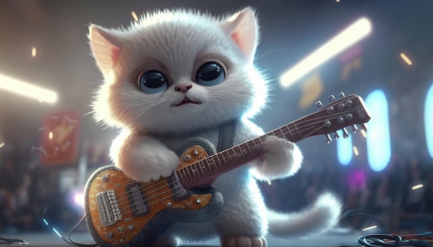 Un chat jouant de la guitare est montré dans cette illustration.