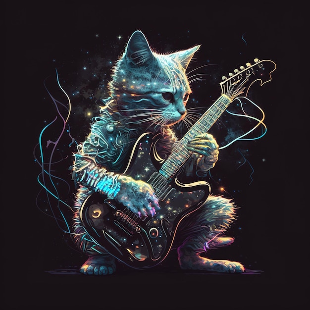 Un chat jouant de la guitare est représenté sur un fond noir.