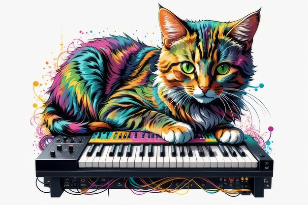 Un chat jouant sur un synthétiseur d'art couleur créé avec un logiciel d'intelligence artificielle générative