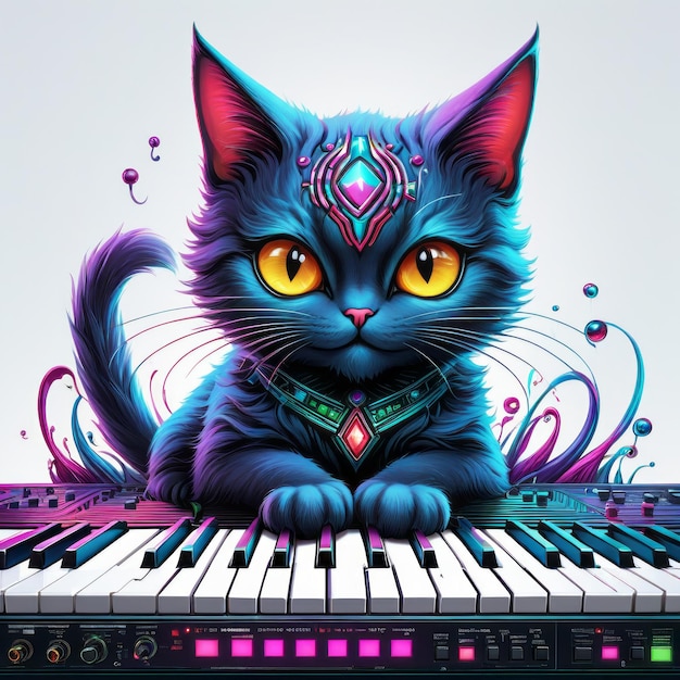 Un chat jouant sur un synthétiseur d'art couleur créé avec un logiciel d'intelligence artificielle générative