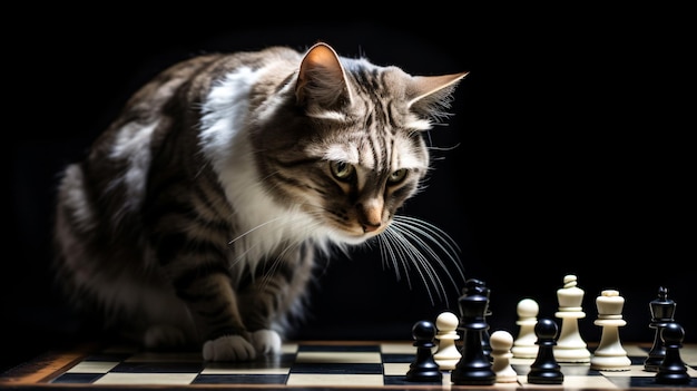 un chat joue aux échecs avec un fond noir