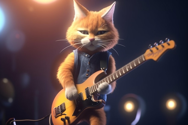 Un chat joue de la guitare lors d'un concert.