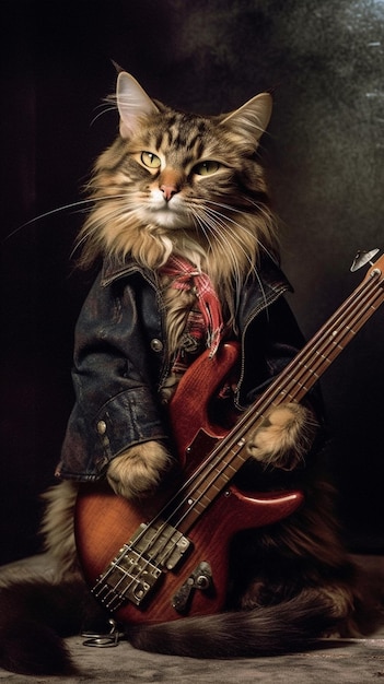 Un chat joue de la guitare et porte une veste.