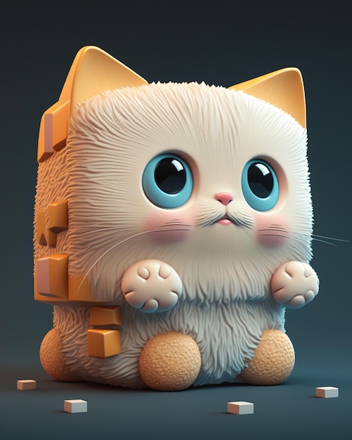 Un chat jouet aux yeux bleus est assis sur un fond gris.