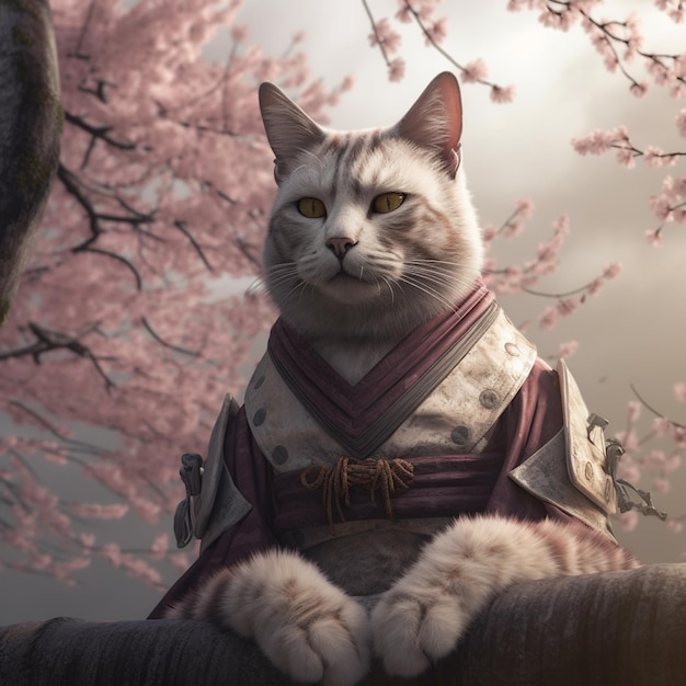 Un chat en kimono est assis sur une branche avec des fleurs roses en arrière-plan.