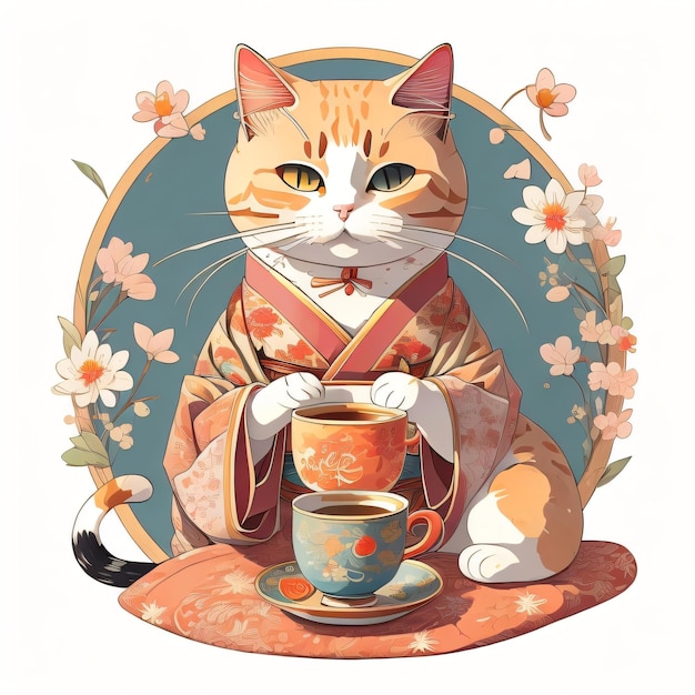 Un chat avec un kimono sur la poitrine est assis sur une table avec une tasse de thé devant lui.