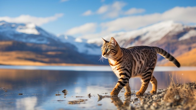 un chat sur un lac devant un décor de montagne