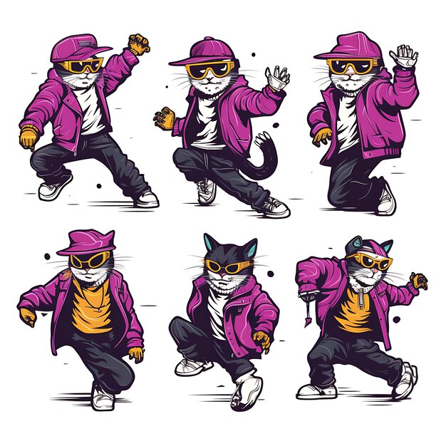 Photo un chat laperm coloré avec une tenue hip-hop breakdancing avec une idée de collection de timbres d'animaux cool