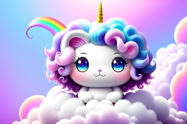 un chat licorne chibi magique aux cheveux bouclés sur des nuages de coton