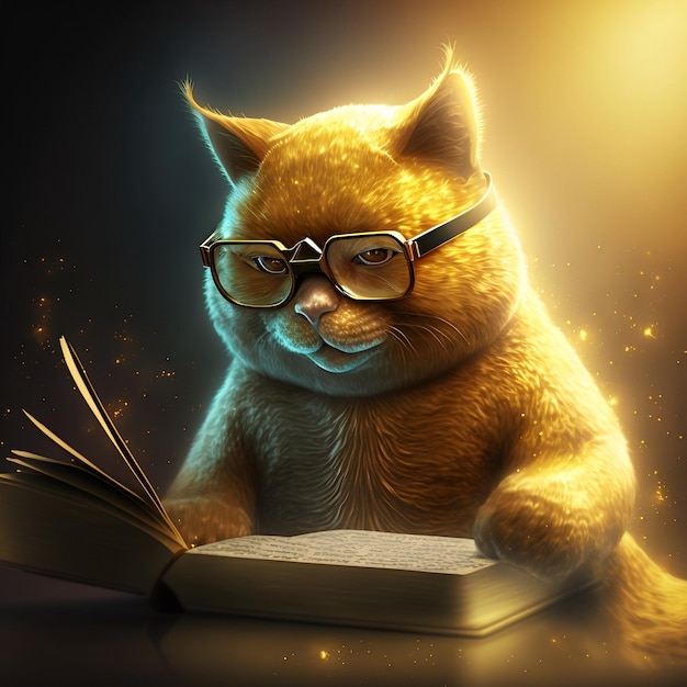 Photo un chat lit un livre avec un fond jaune.