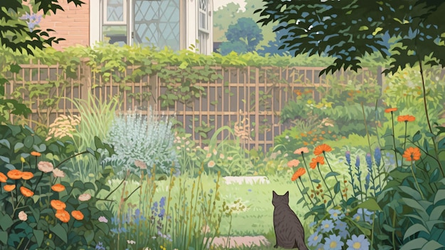 Chat Lofi dans la nature jardin anime style illustration fond papier peint design art AI générative