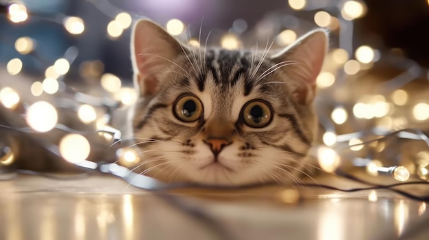 Un chat avec des lumières de Noël dessus