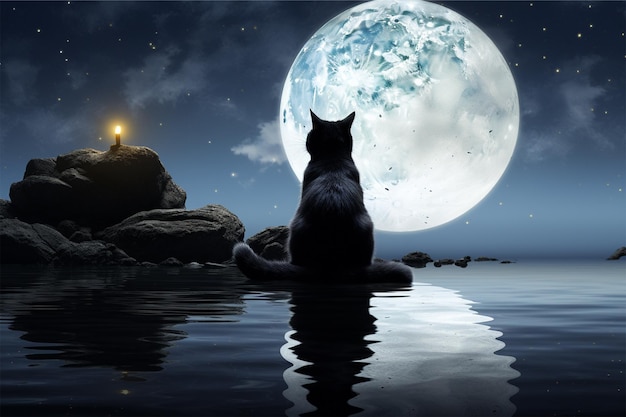 Un chat et une lune regardant la lune