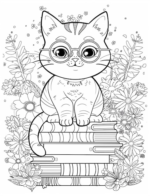 Photo un chat avec des lunettes assis sur une pile de livres entourés de fleurs