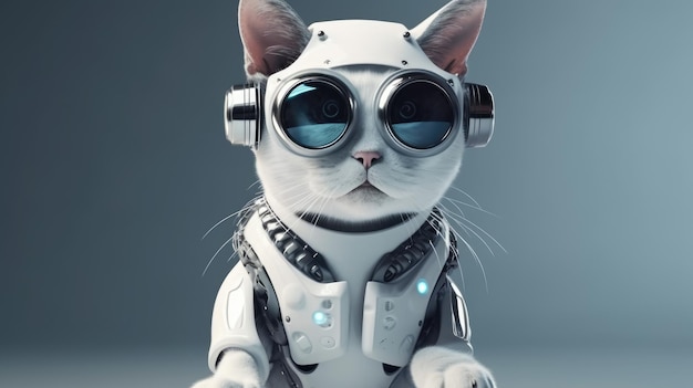 Un chat avec des lunettes et un casque est assis sur une surface grise.