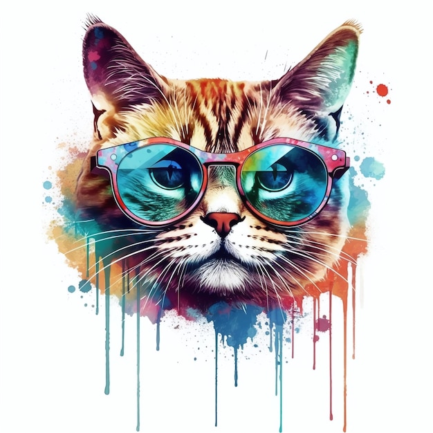 Chat avec des lunettes et un fond de couleur arc-en-ciel