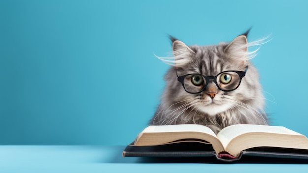 Un chat avec des lunettes lit un livre sur un fond bleu