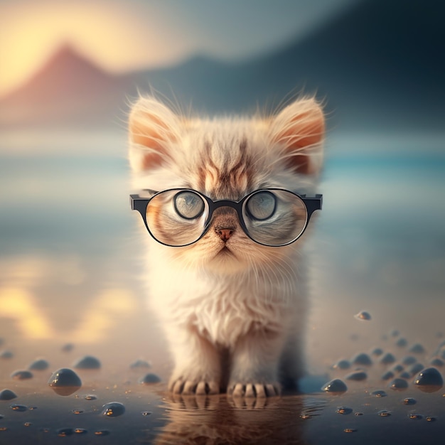 Photo un chat avec des lunettes et des lunettes à monture noire se tient sur une plage