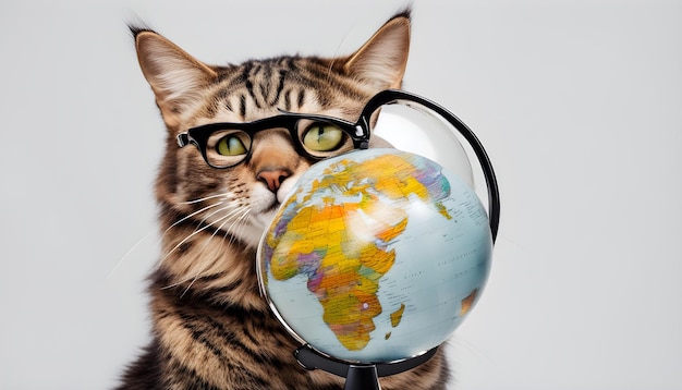 un chat avec des lunettes regardant un globe avec le mot monde dessus