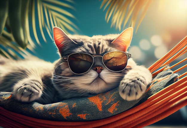 Un chat avec des lunettes de soleil dort sur un hamac.