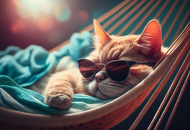 Un chat avec des lunettes de soleil dort sur un hamac.