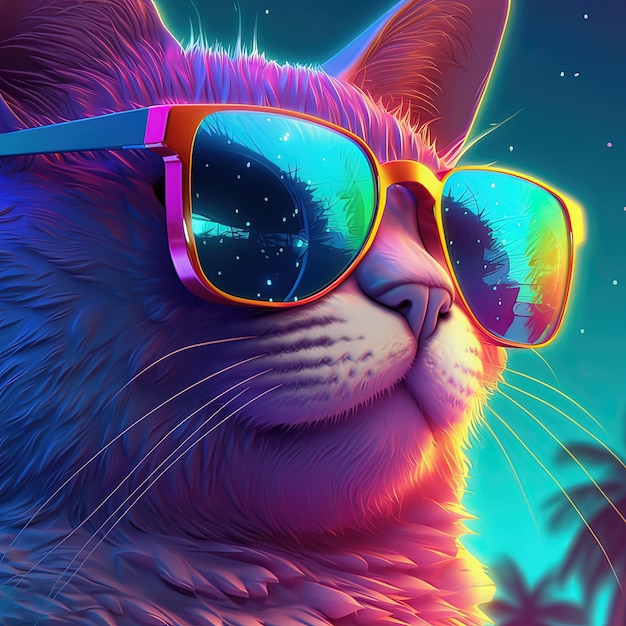 Chat à lunettes de soleil sur fond néon tropical Portrait de style pop art AI générative