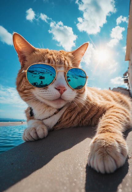 Un chat avec des lunettes de soleil à la mode est allongé sur le toit voyageant sur la plage