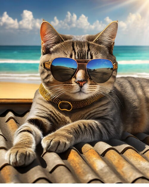 Photo un chat avec des lunettes de soleil de mode est allongé sur le toit voyageant à la plage