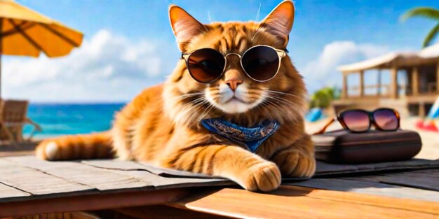 Photo un chat avec des lunettes de soleil de mode est allongé sur le toit voyageant à la plage