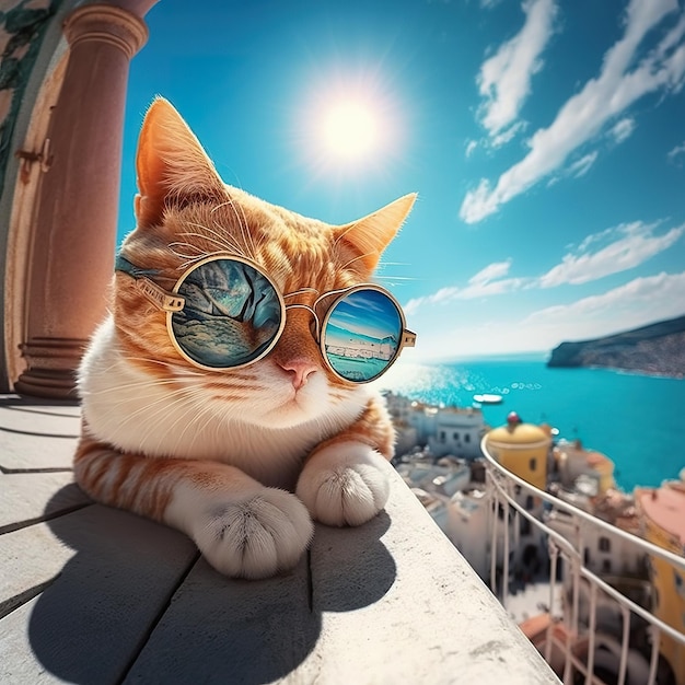 Un chat avec des lunettes de soleil de mode est allongé sur le toit vue grand angle fullbody AI illustration numérique virtuel génératif