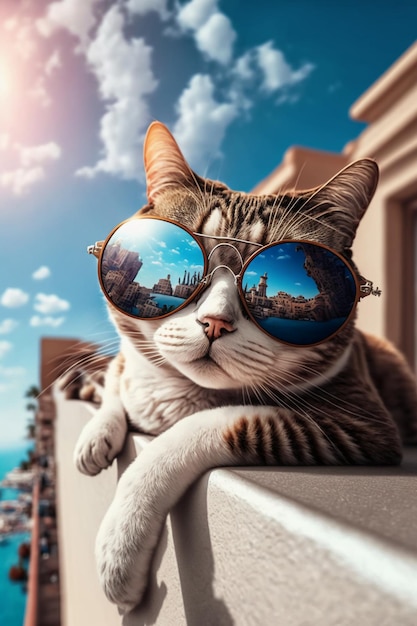 un chat avec des lunettes de soleil à la mode est allongé sur le toit