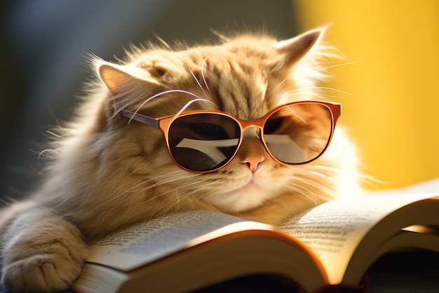 Un chat avec des lunettes de soleil participe à un club de lecture