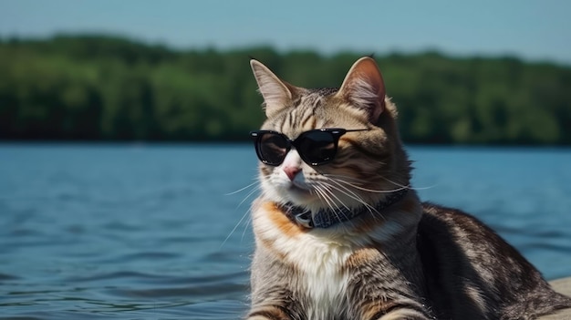 Un chat avec des lunettes de soleil pêchant dans un lac AI générative