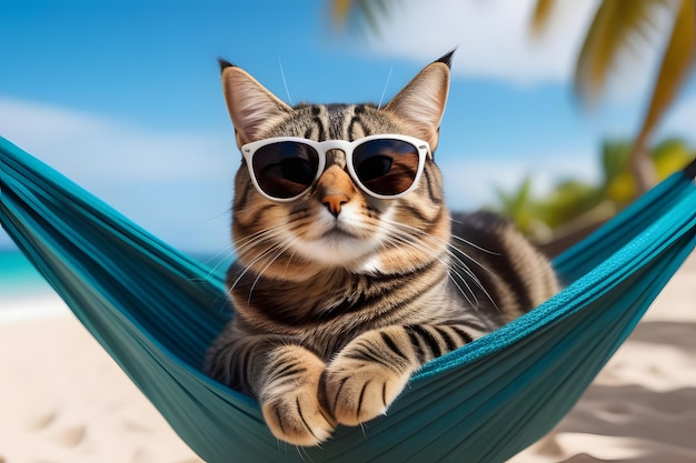 Chat avec des lunettes de soleil sur la plage IA générative