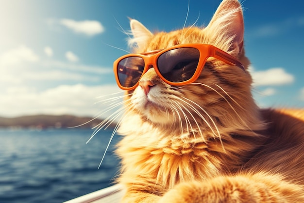 Un chat avec des lunettes de soleil qui se bronzent sur un bateau en mer.