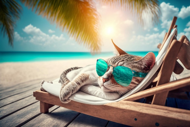 Photo un chat en lunettes de soleil qui se couche en train de bronzer sur la plage