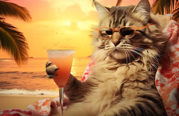 Chat à lunettes de soleil relaxant sur la plage avec un cocktail