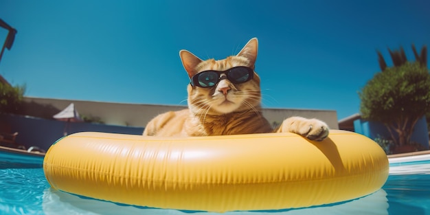 Chat en lunettes de soleil se repose sur un matelas gonflable au bord de la piscine vacances au complexe Journée de détente