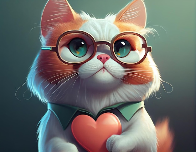 Un chat avec des lunettes tenant un coeur dans ses mains.