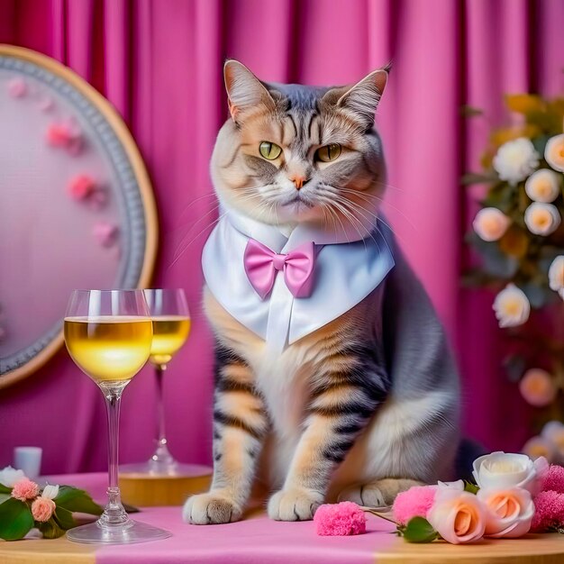 Un chat magnifique dans un bel intérieur avec un verre de vin Romance et félicitations