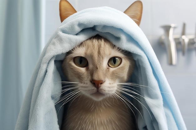 Un chat maigre se sèche dans une serviette après une douche.