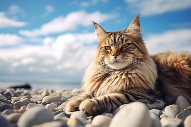 Chat Maine Coon allongé sur la plage avec fond de ciel bleu