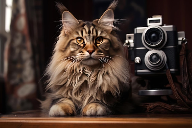 Le chat Maine Coon et un appareil photo