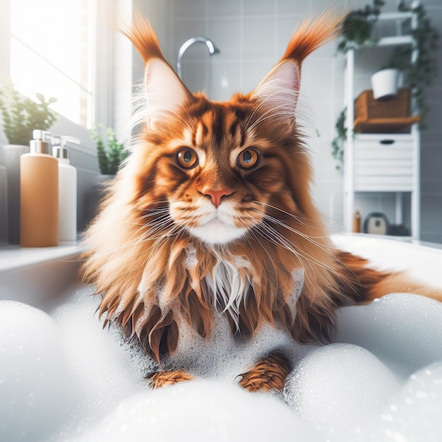 Un chat Maine Coon est assis calmement dans une baignoire remplie d'eau, démontrant l'aspect soigné des soins du Maine Coon.